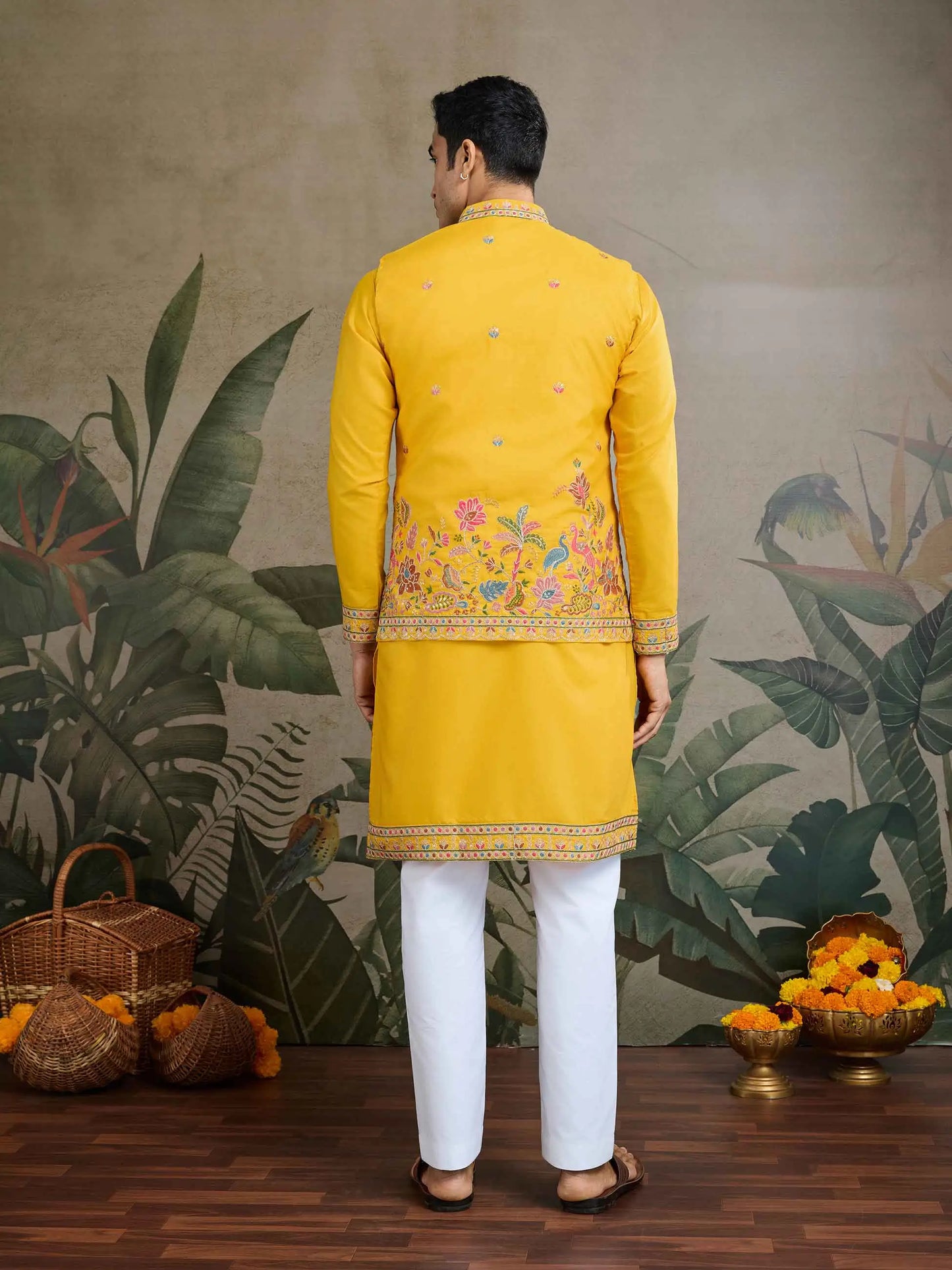 Yellow Thread Sequins Embroidery Work Party Wear Kurta And Jacket