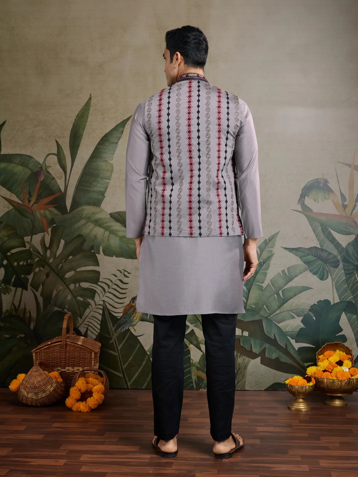 Grey Silk Thread & Swarovski Embroidered Work Kurta Set With Koti (Jacket)