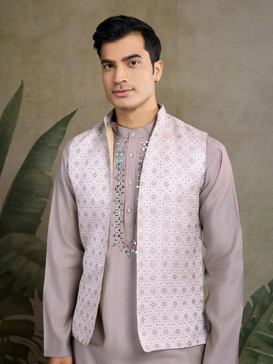 Ivory Real Mirror Thread Work Kurta With Jacquard Design Work Koti(Jacket)