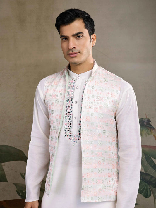 White Real Mirror Thread Work Kurta Set With Jacquard Design Work Jacket