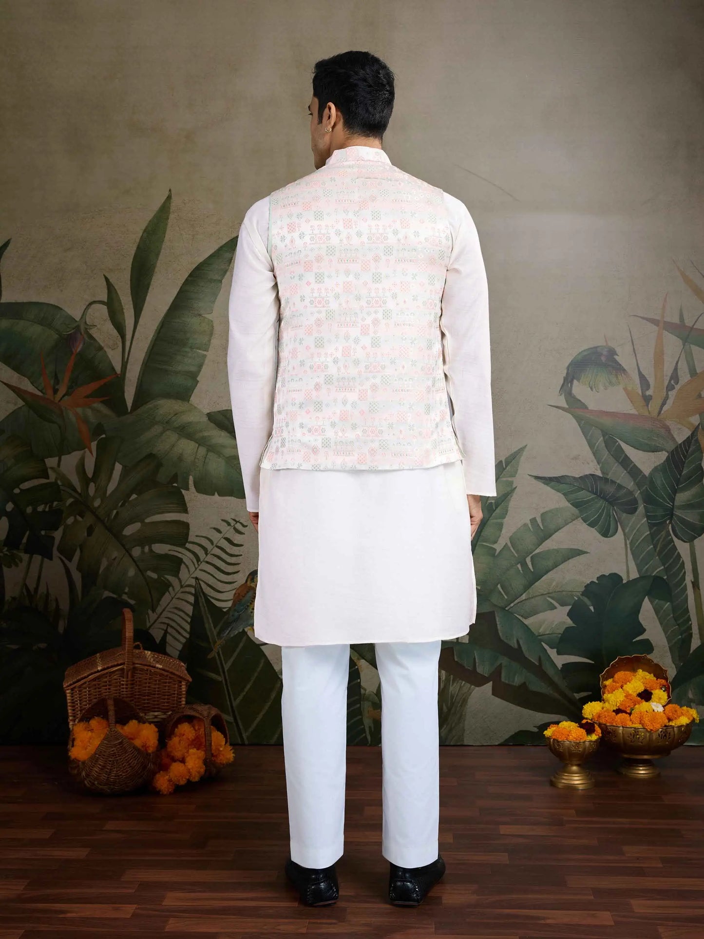 White Real Mirror Thread Work Kurta Set With Jacquard Design Work Jacket
