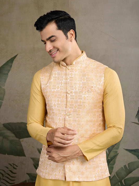 Yellow Viscose Silk Kurta With Sequins Jacquard Design Work Koti