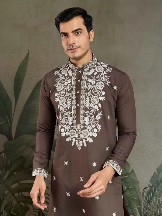 Chocolate Grey Thread & Sequins Embroidery Work Rayon Kurta With Pant