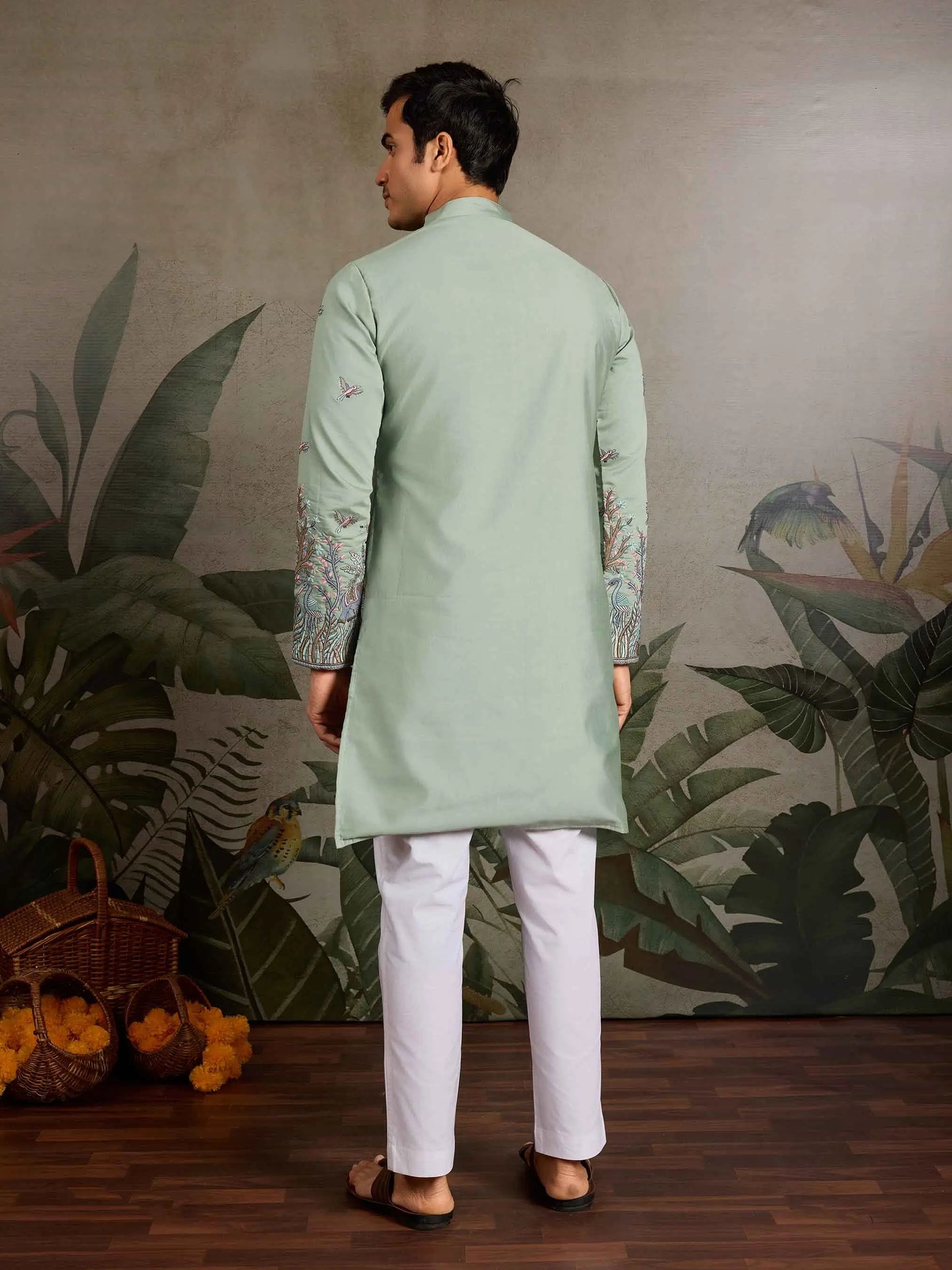 Elegant Pista Kurta Set With Elephant Embroidery Work