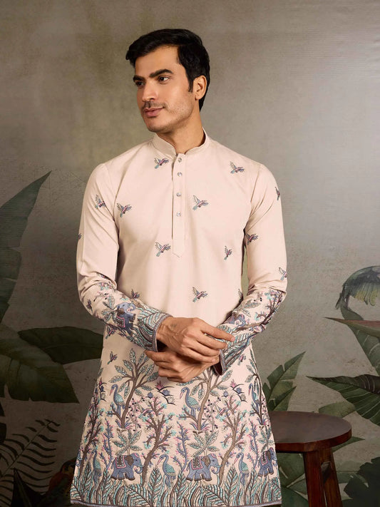 Beige Silk Kurta Set With Elephant Embroidery Work