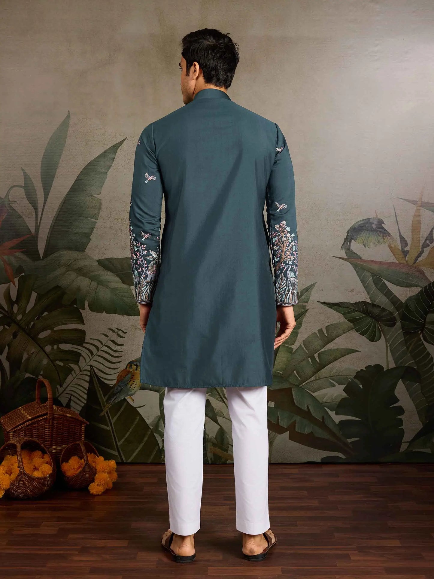 Teal Green Kurta Set With Elephant Embroidery Motifs