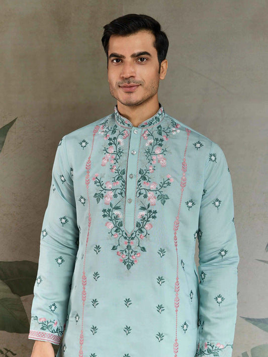 Cadet Blue Viscose Silk Thread And Sequins Embroidery Work Kurta With Pant