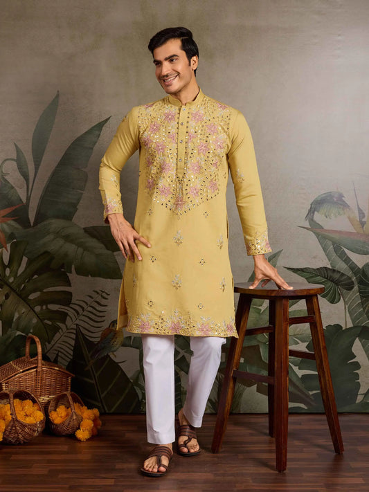 Elegant Yellow Kurta Set With Mirror & Sequins Embroidery
