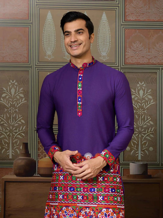 Purple Multi Thread And Real Mirror Work Kurta Set For Navratri