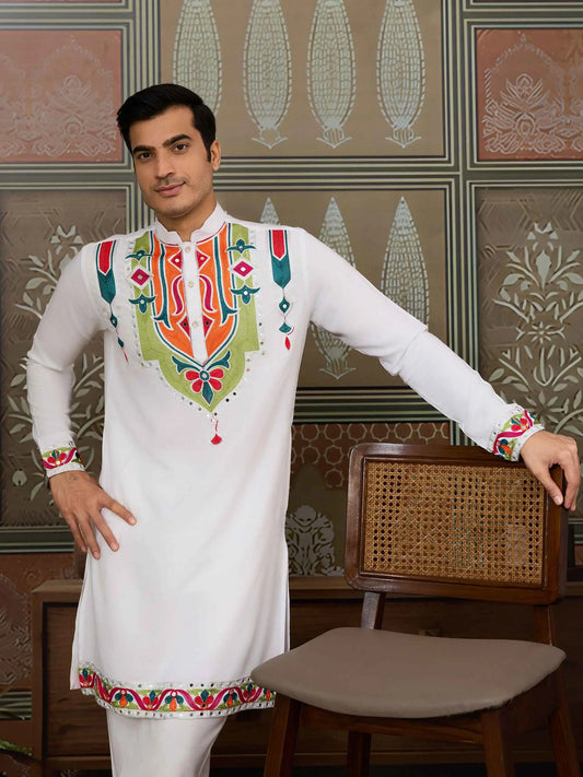 White Navratri Kurta Set Multi Thread And Real Mirror Work