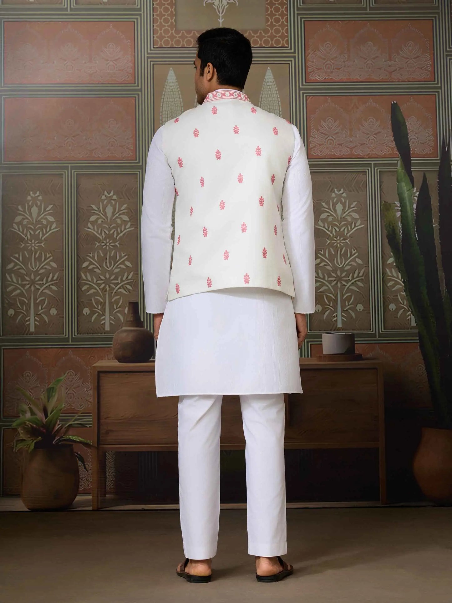 Peach Silk Kurta Set With Embroidery & Mirror Work Koti