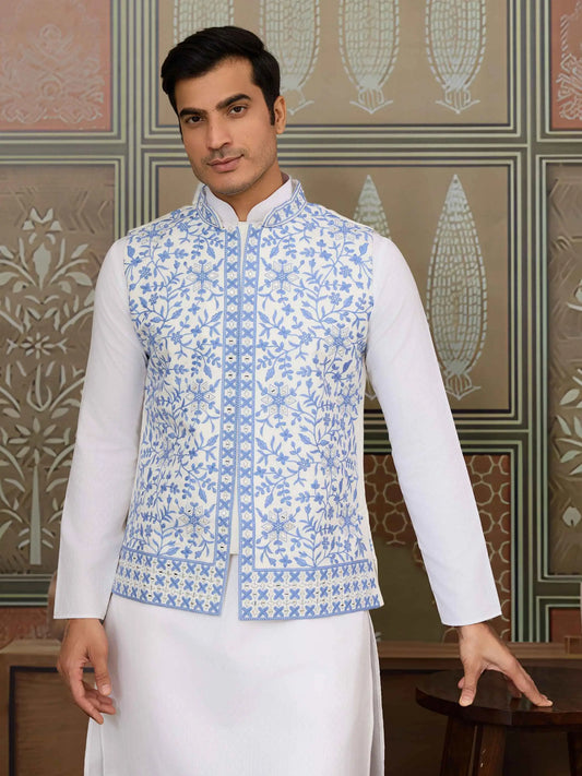 Blue Silk Kurta Set With Embroidery & Mirror Work Koti