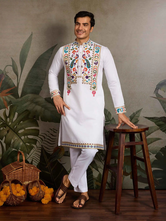 White Multi Thread And Sequins Embroidery Work Festive Wear Kurta Set