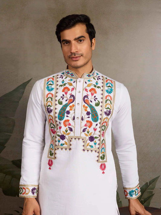 White Multi Thread And Sequins Embroidery Work Festive Wear Kurta Set