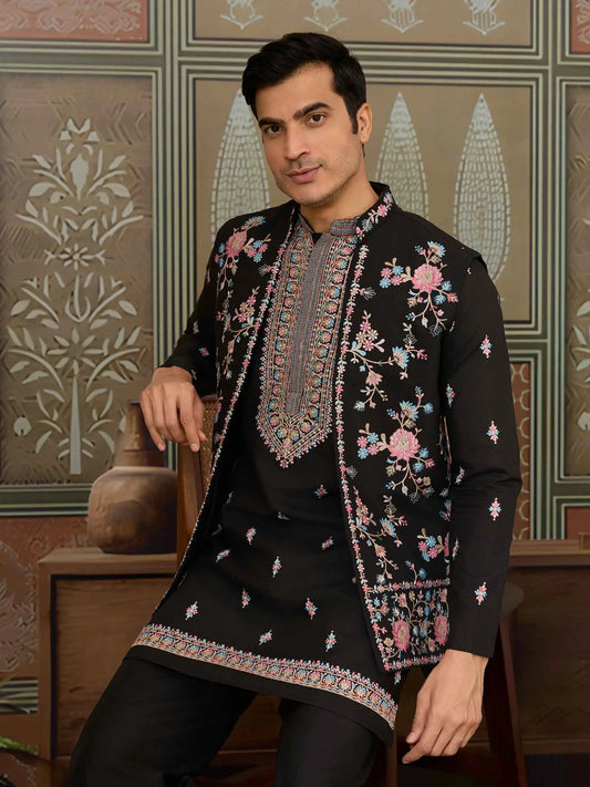 Black Multi Thread Sequins Embroidery Work Wedding Wear Kurta And Jacket