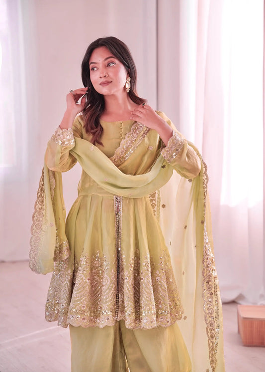 Pale Yellow Fendi Silk Embroidery salwar suit