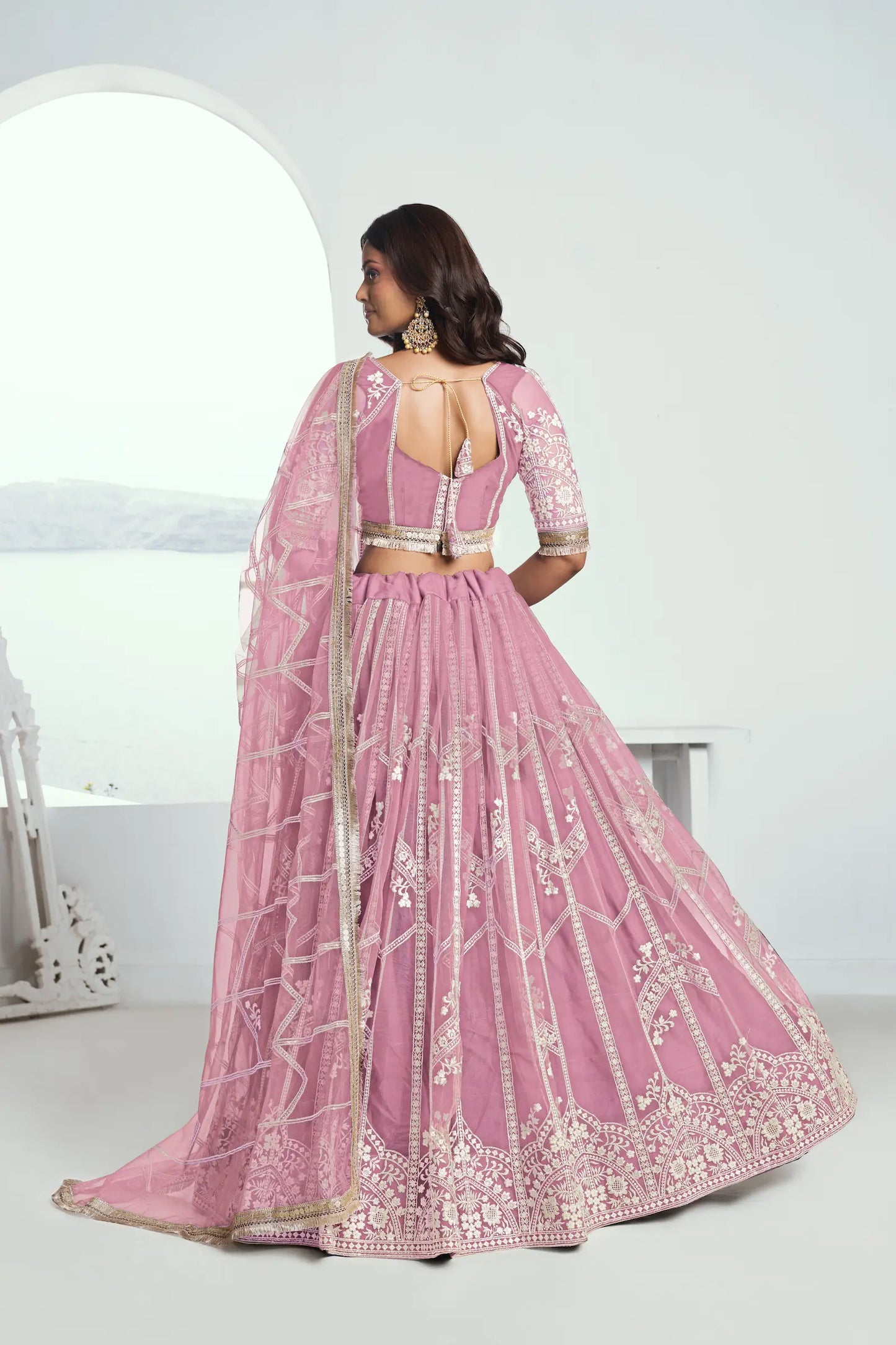 Pink Net Lehenga Choli With Sequence & Cotton Thread Work Embroidery Work