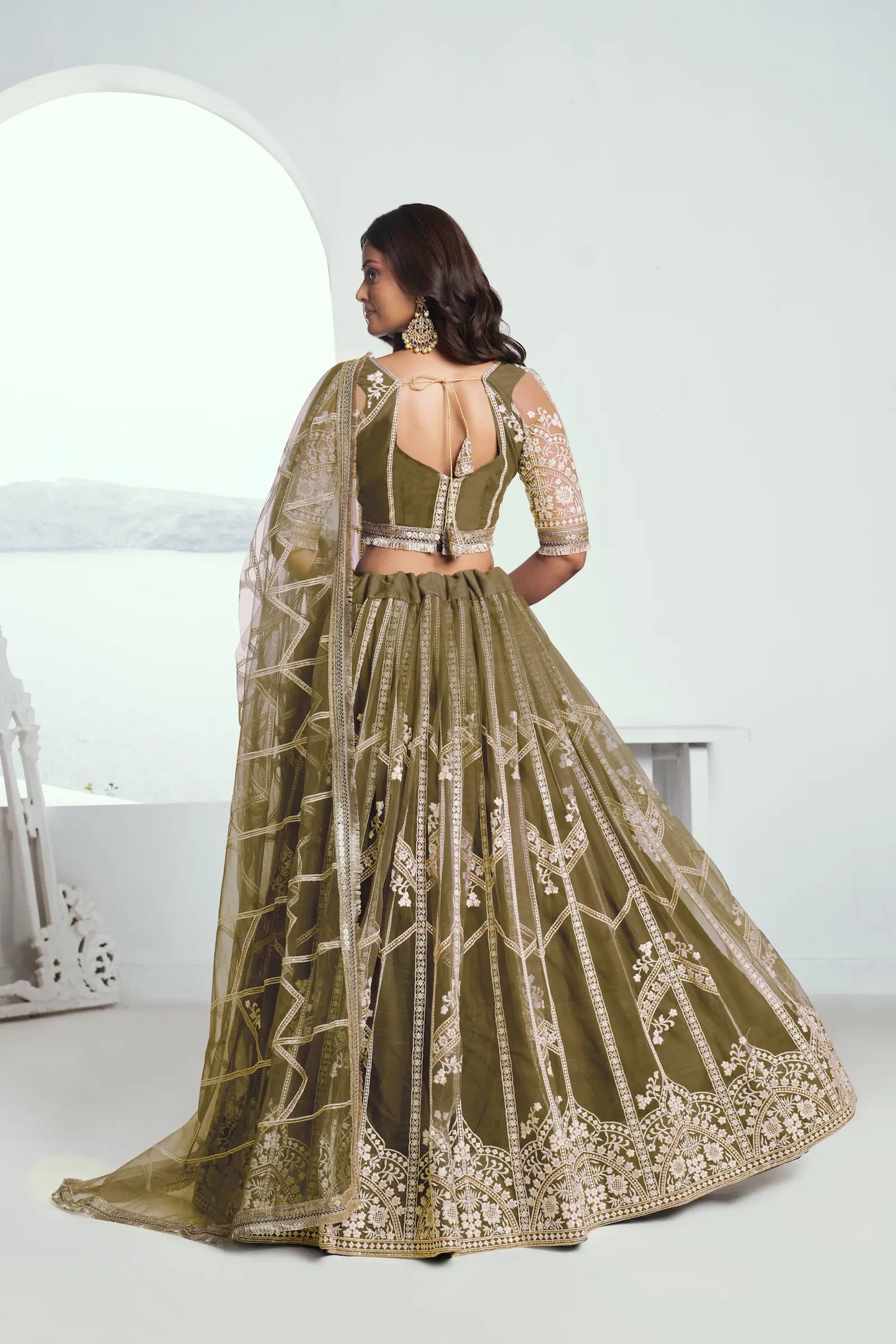 Olive Green Net Lehenga Choli With Sequence & Cotton Thread Work Embroidery Work