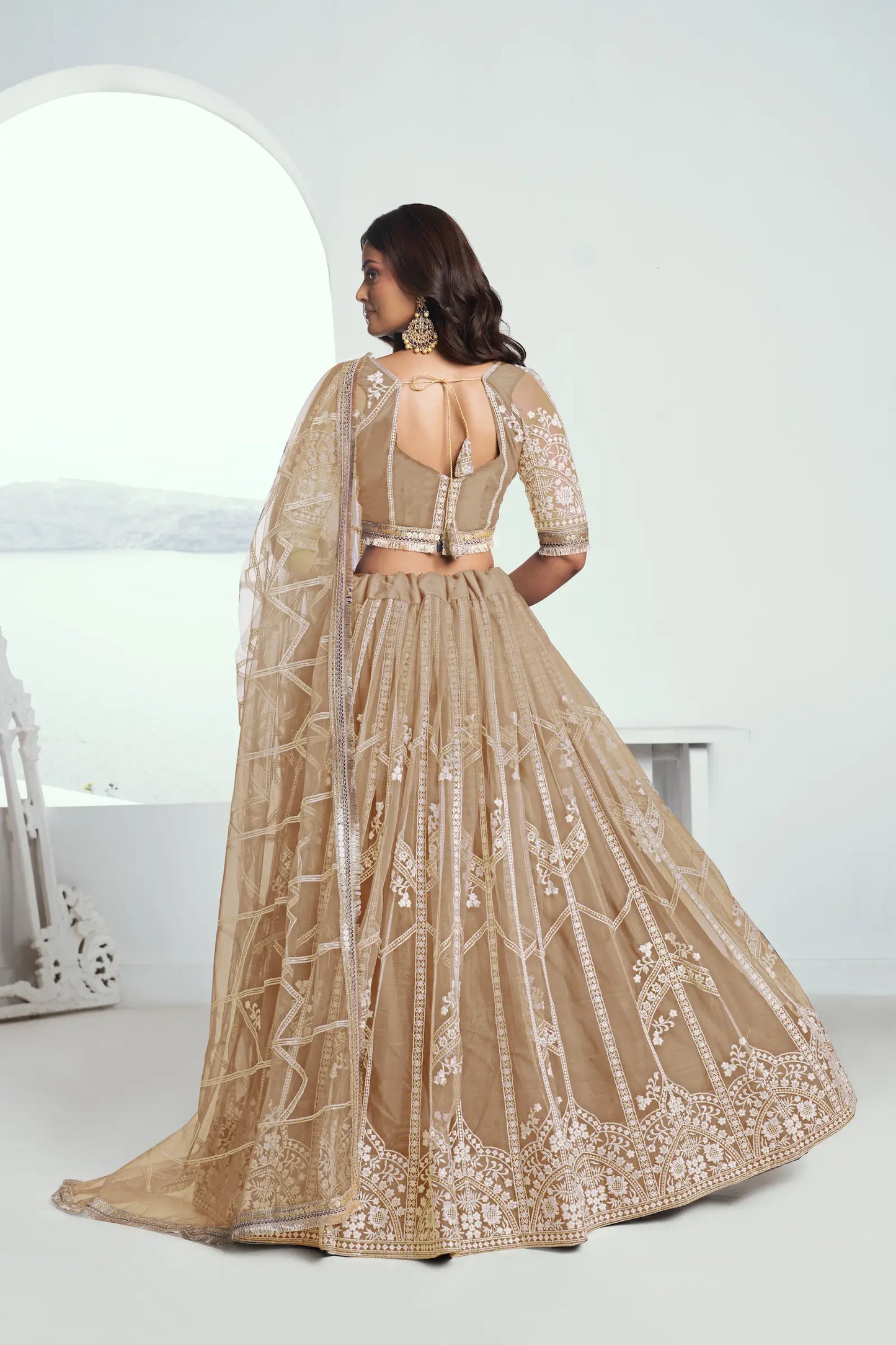 Beige Net Lehenga Choli With Sequence & Cotton Thread Work Embroidery Work