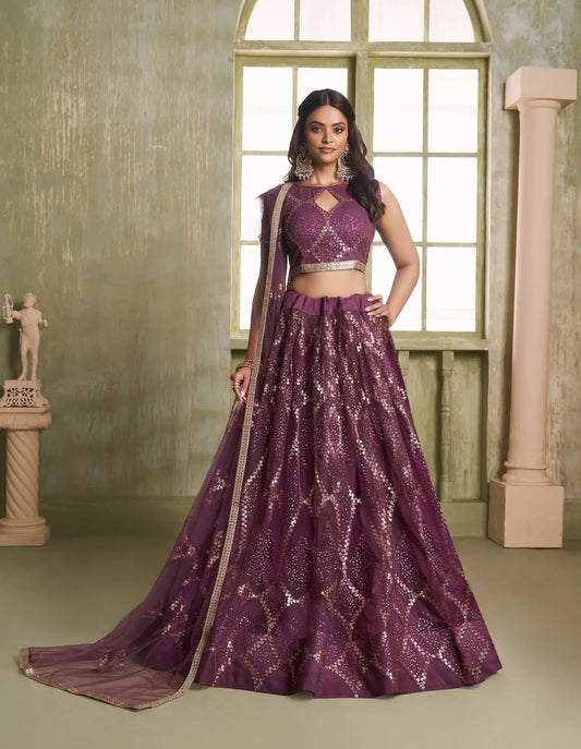 Wine Net Lehenga Choli With Cotton Thread Work & Sequence Embroidery Work