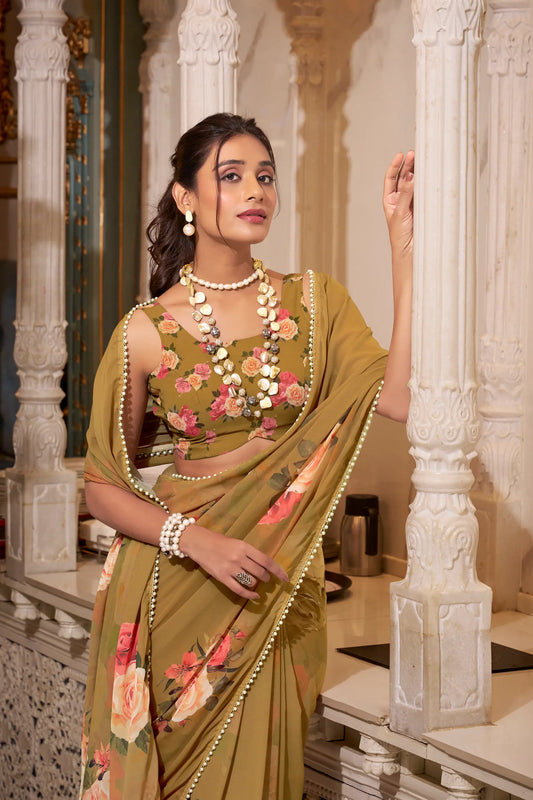 Light Brown Georgette Floral Print & Pearl Lace Border Saree