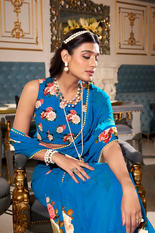 Blue Georgette Floral Print & Pearl Lace Border Saree
