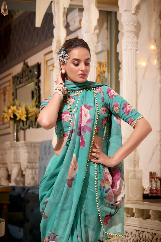 Sea Green Georgette Floral Print & Pearl Lace Border Saree
