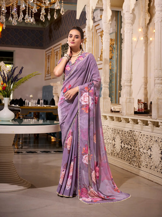 Grey Georgette Floral Print & Pearl Lace Border Saree