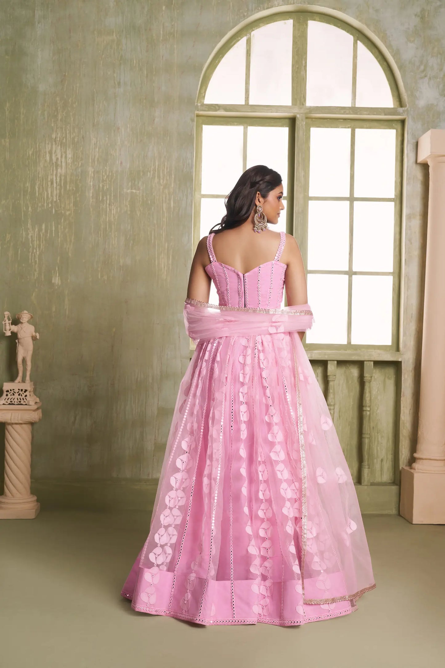 Pink Net Lehenga Choli With Cotton Thread Work & Sequence Embroidery Work