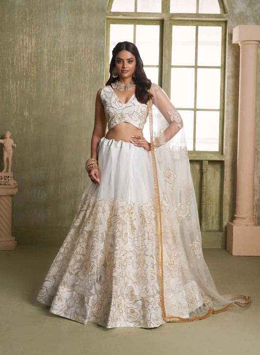 White Net Lehenga Choli With Cotton Thread Work & Sequence Embroidery Work