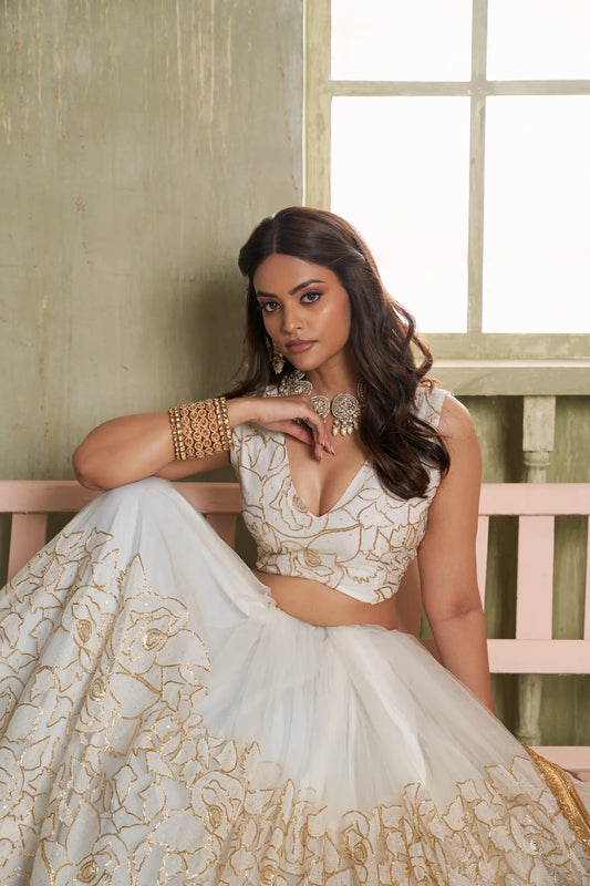 White Net Lehenga Choli With Cotton Thread Work & Sequence Embroidery Work