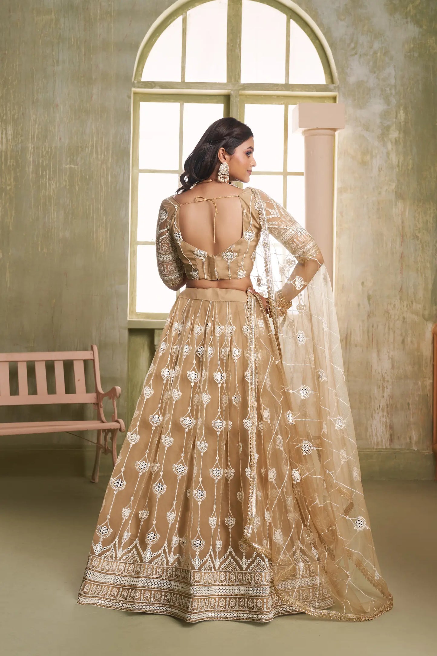 Beige Net Lehenga Choli With Cotton Thread Work & Sequence Embroidery Work
