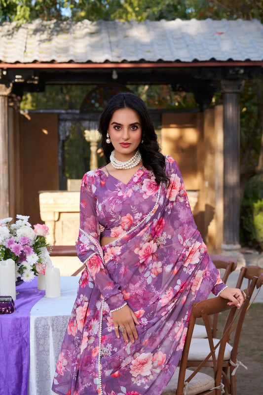 Onion Pink Weightless Marbal Saree With Floral Print & Pearl Lace Border