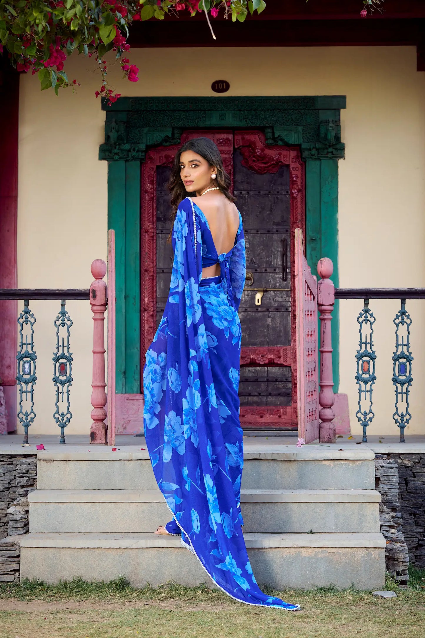 Blue Chiffon Saree With Floral Print & Pearl Lace Border