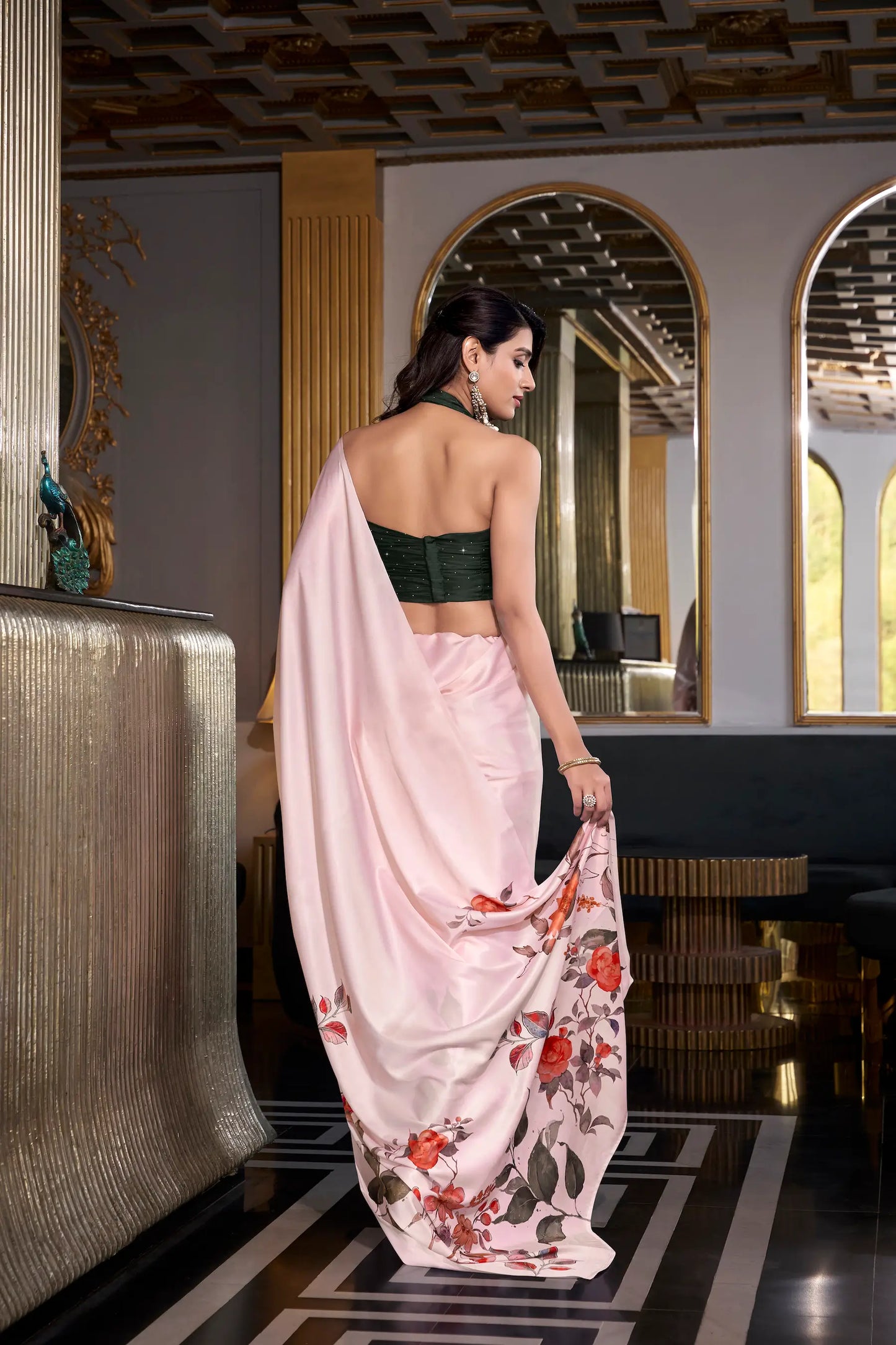 Off White Satin Silk Floral Printed Saree