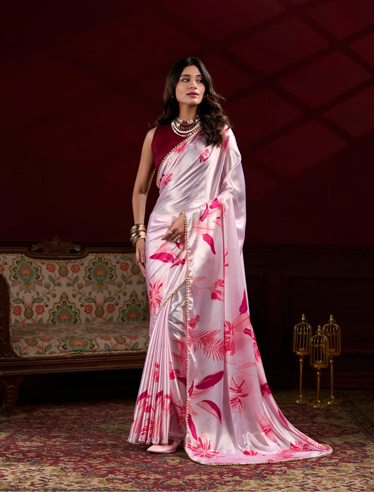 Blush Pink Satin Silk Floral Saree