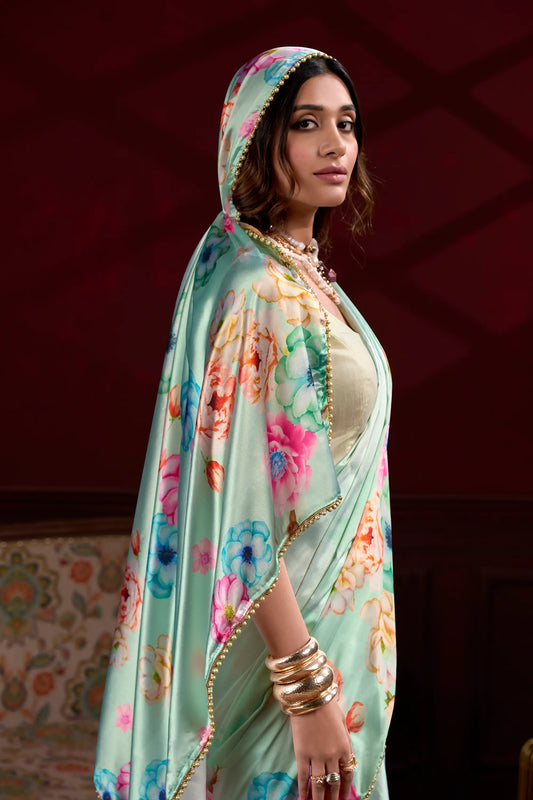 Mint Green Satin Silk Floral Saree