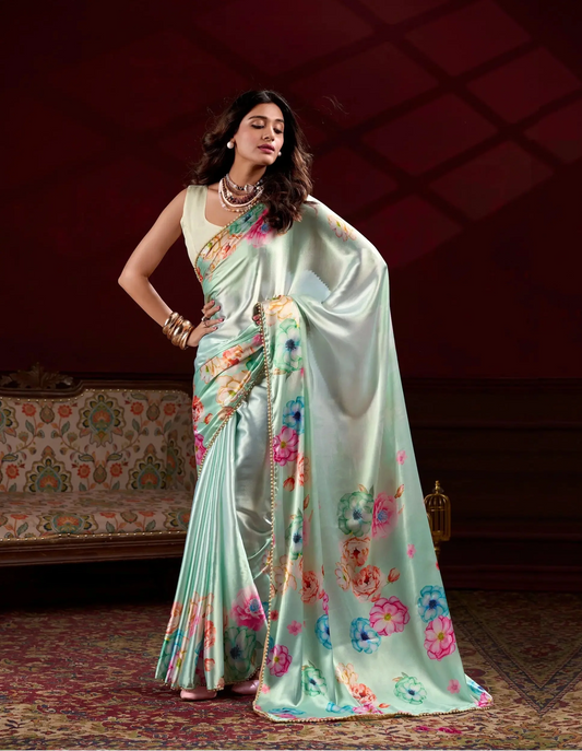 Mint Green Satin Silk Floral Saree