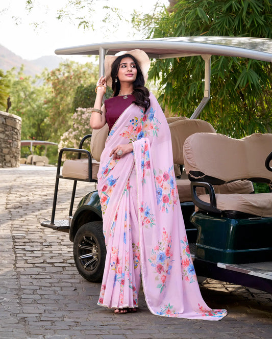 Light Pink Weightless Marbal Saree With Floral Print & Lace Border
