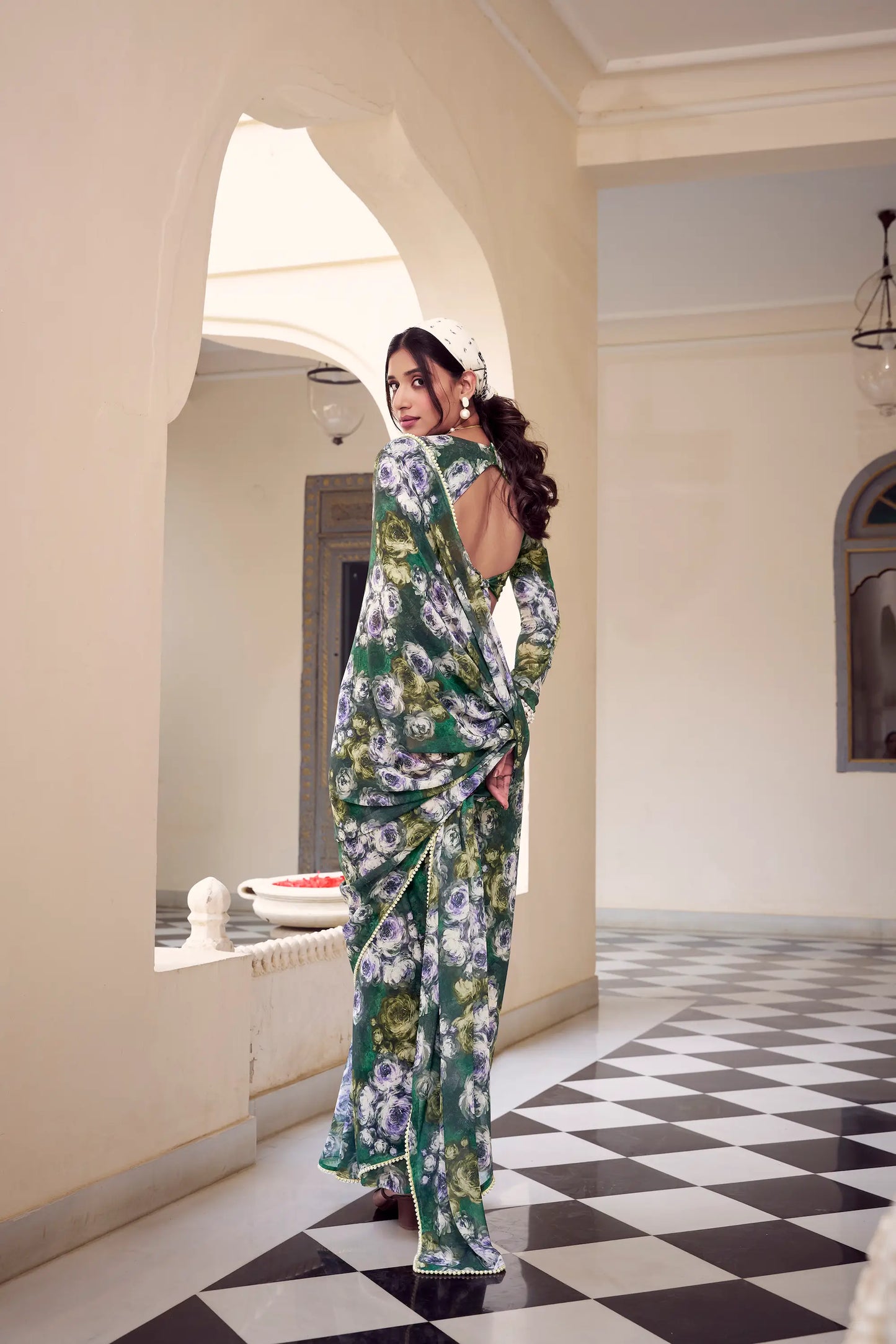 Green Weightless Marbal Saree With Pearl Lace Border & Floral Print