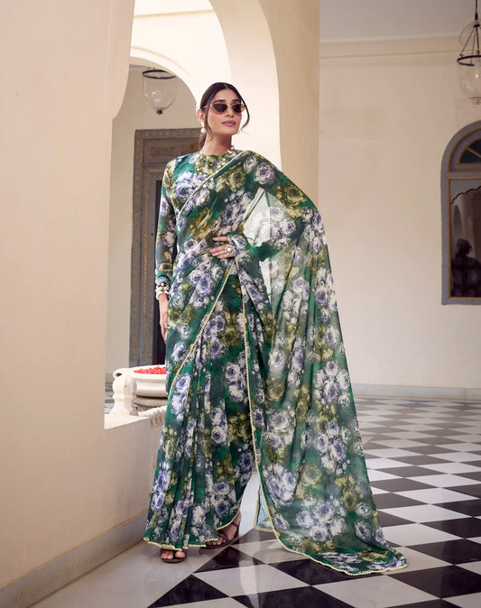 Green Weightless Marbal Saree With Pearl Lace Border & Floral Print