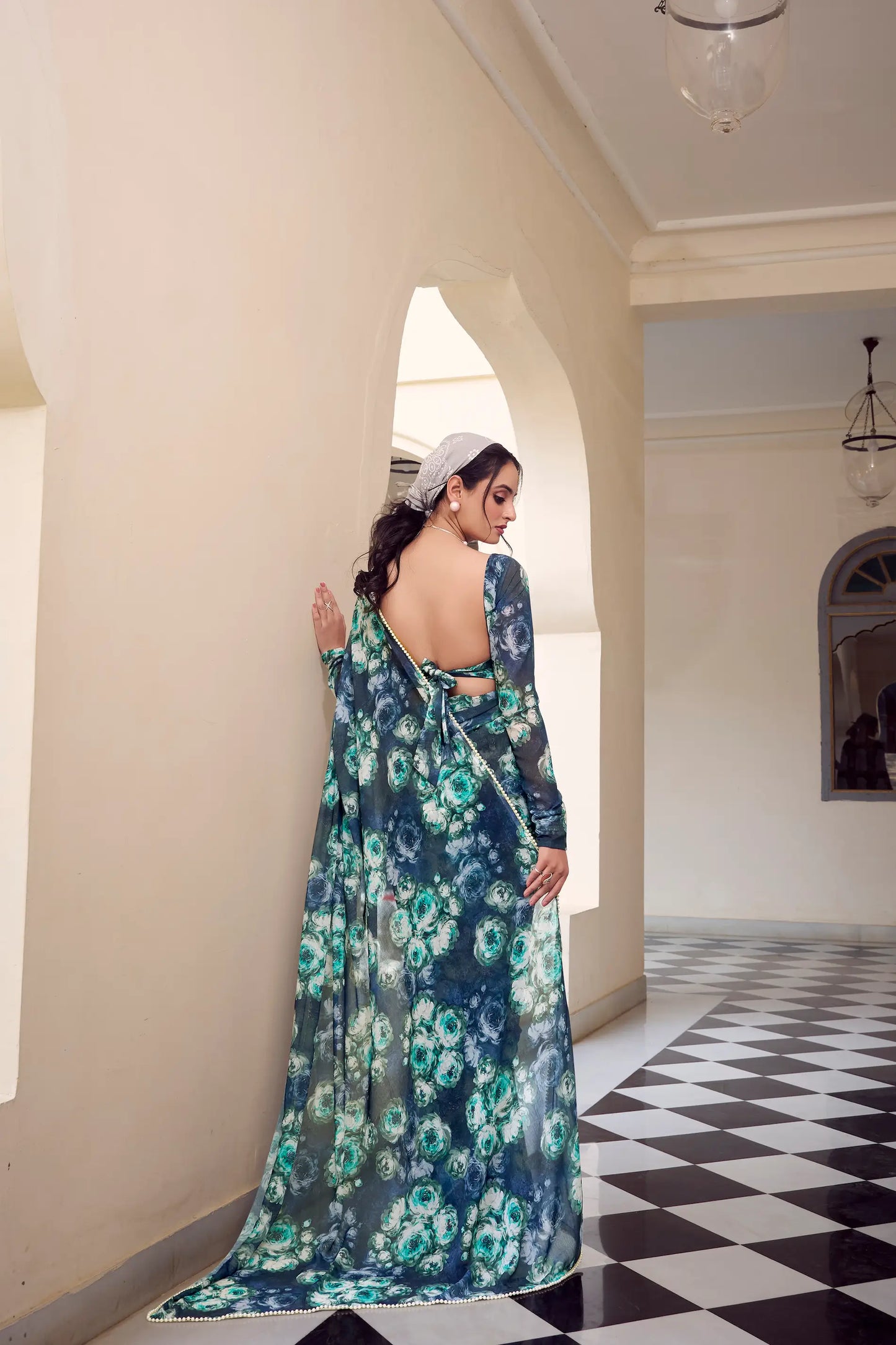 Navy Blue Weightless Marbal Saree With Pearl Lace Border & Floral Print
