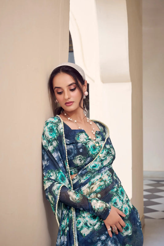 Navy Blue Weightless Marbal Saree With Pearl Lace Border & Floral Print