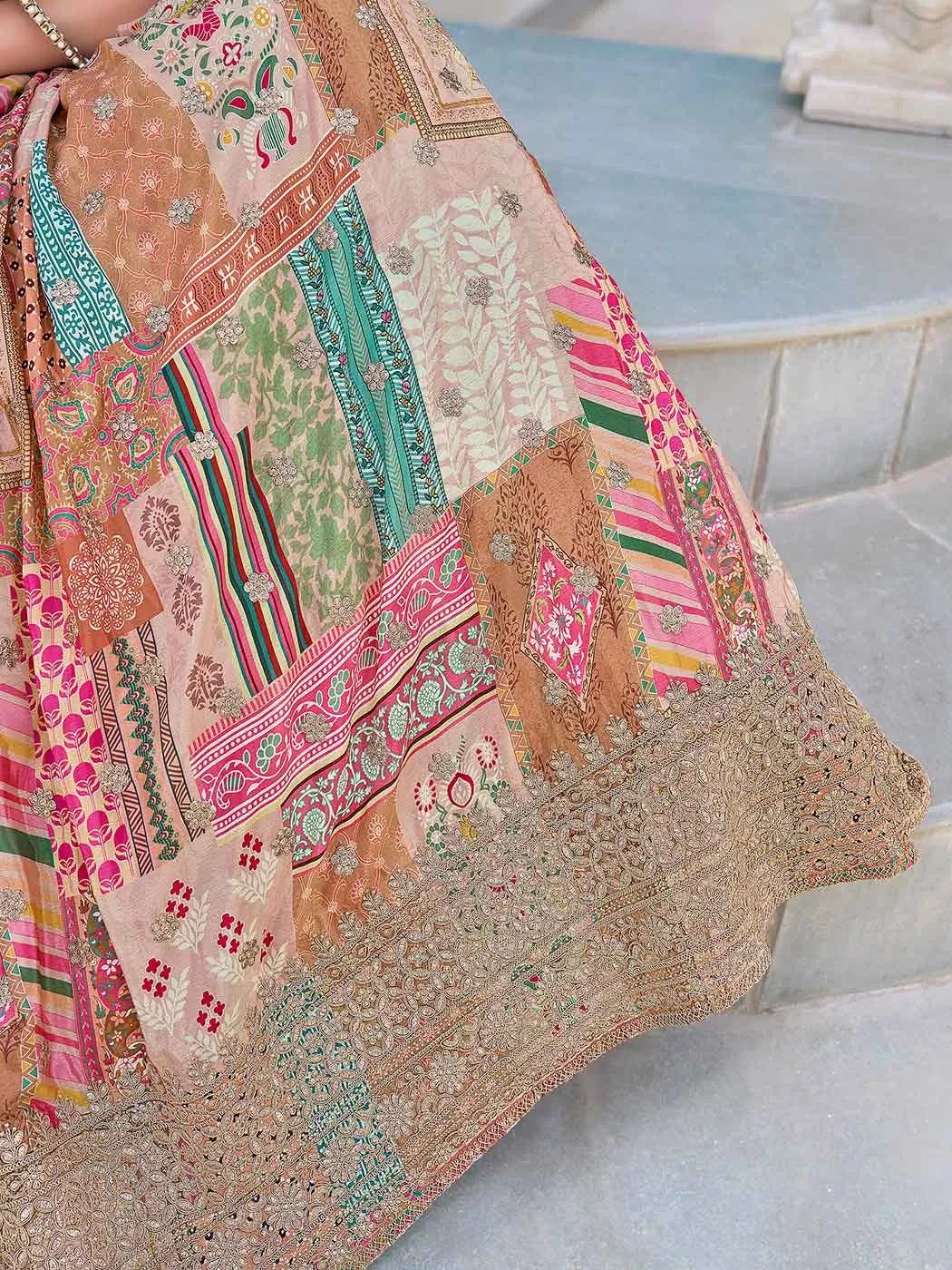 Beige Digital Print And Embroidery Work Lehenga With Stylish Blouse