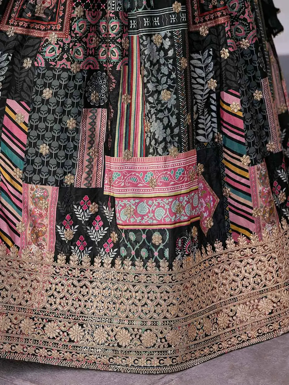 Black Digital Print And Embroidery Work Lehenga With Choker Style Dupatta