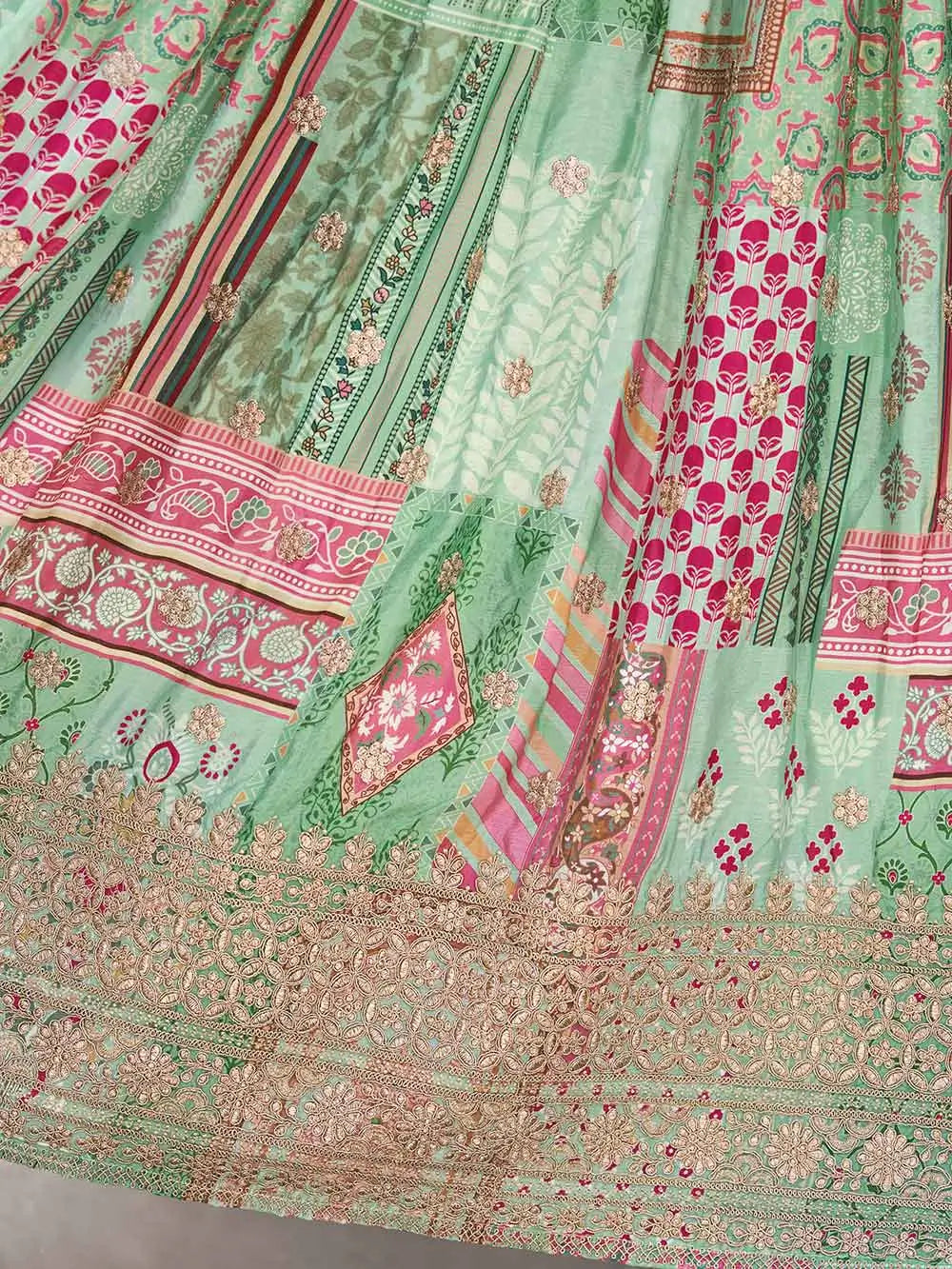 Light Green Digital Print And Embroidery Work Lehenga With Stylish Blouse