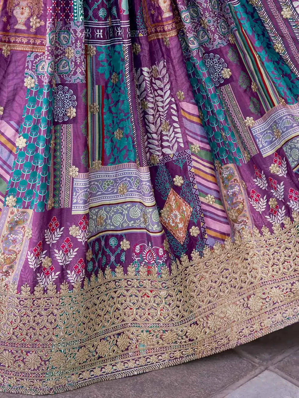Purple Digital Print And Embroidery Work Lehenga With Choker Style Dupatta