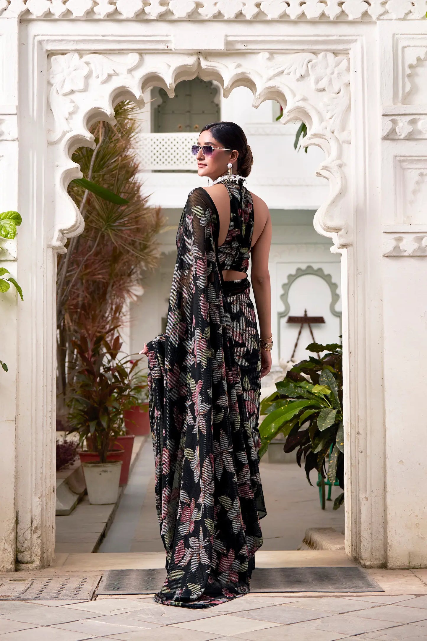 Hot Black Floral Lurex Brasso Saree