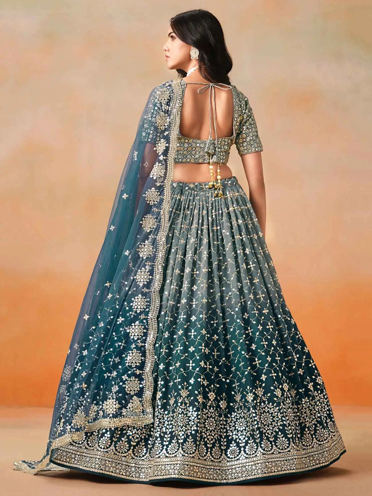 Blue To Grey Gradient Georgette Lehenga With Zari Sequins Embroidery Work