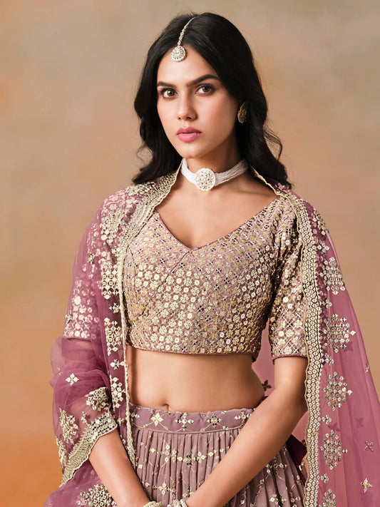 Maroon To Mauve Gradient Georgette Lehenga With Zari Sequins Embroidery Work
